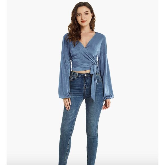 Steel Blue Knit Tie Front Belted V-Neck Long Sleeve Bishop‎ Wrap Top Sweater - Picture 5 of 6